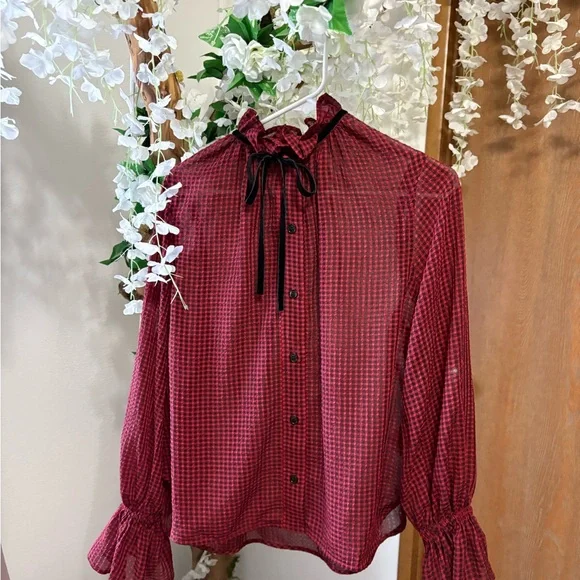 Ganni Red & Black Check Seersucker Tie Neck Shirt ♥️ - Picture 8 of 15